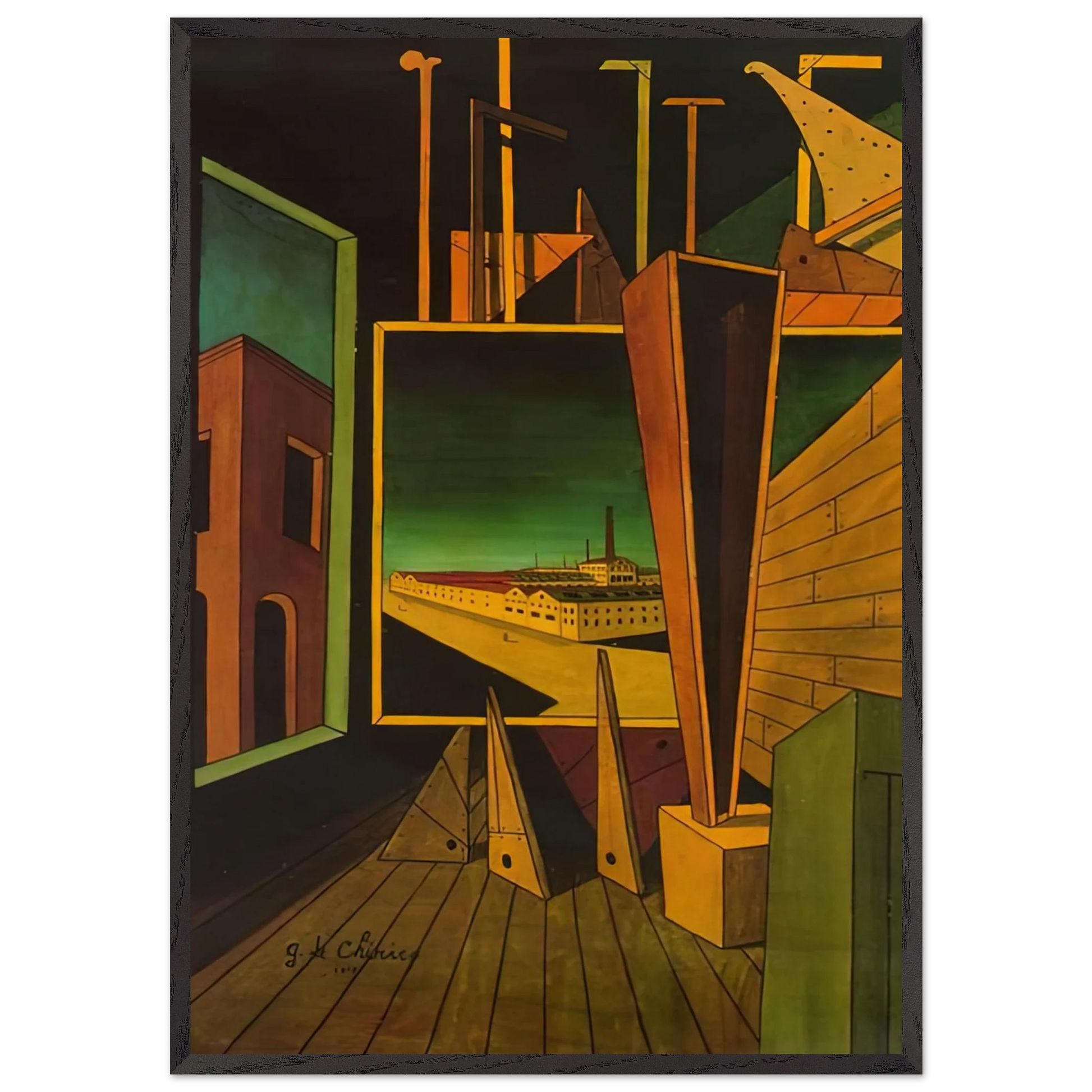 GEOMETRIC COMPOSITION WITH FACTORY LANDSCAPE 1917 - Giorgio de Chirico Framed Art Print – Black Wooden Frame - Default Title - -Framed Art Print