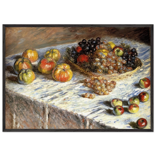 Still Life with Apples And Grapes - claude monet Framed Art Print – Black Wooden Frame - Default Title - -Framed Art Print