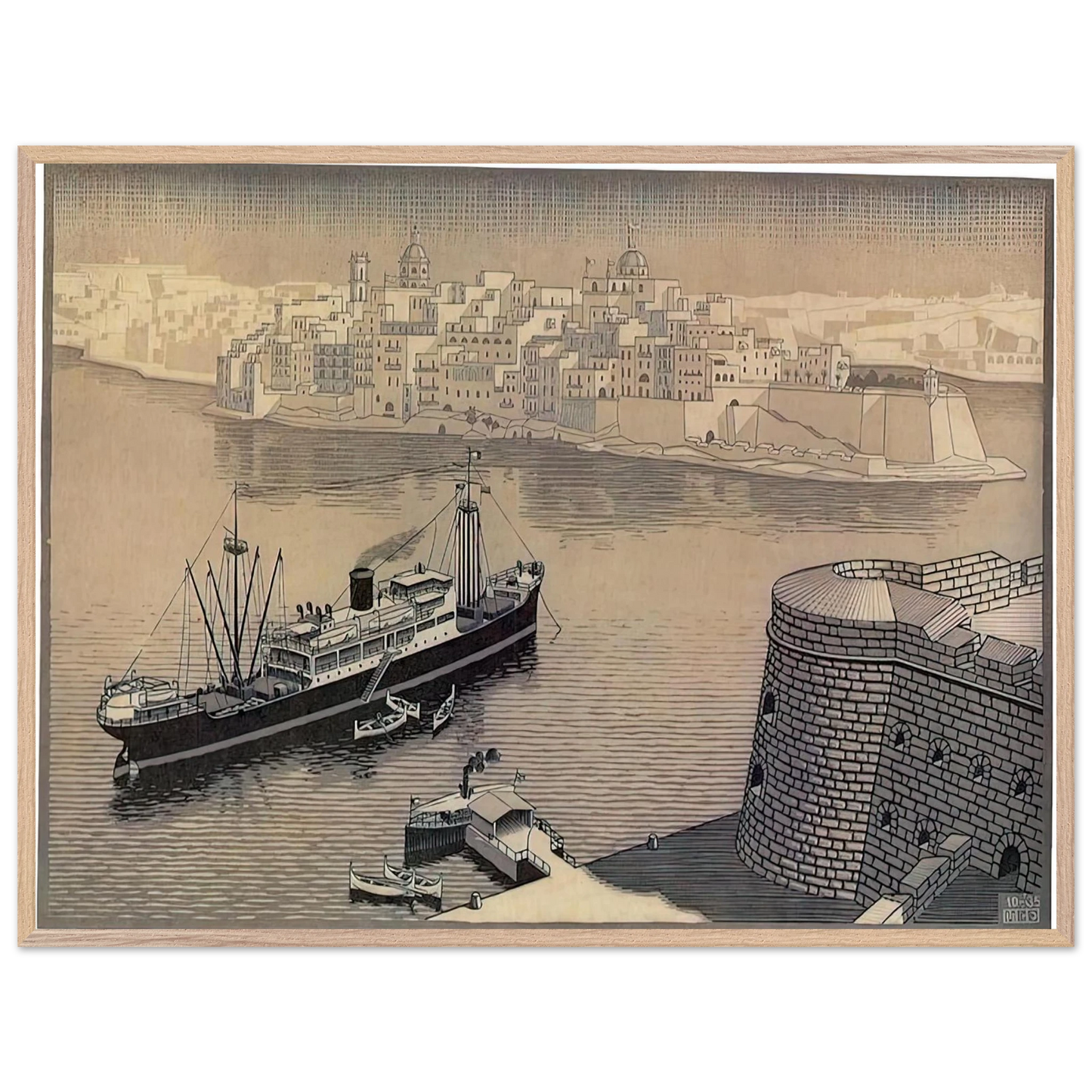 MC Escher - SENGELA MALTA Wall Art - 60x80 cm / 24x32 inches - Premium Wooden Framed Poster With Fine Art Paper - White frame