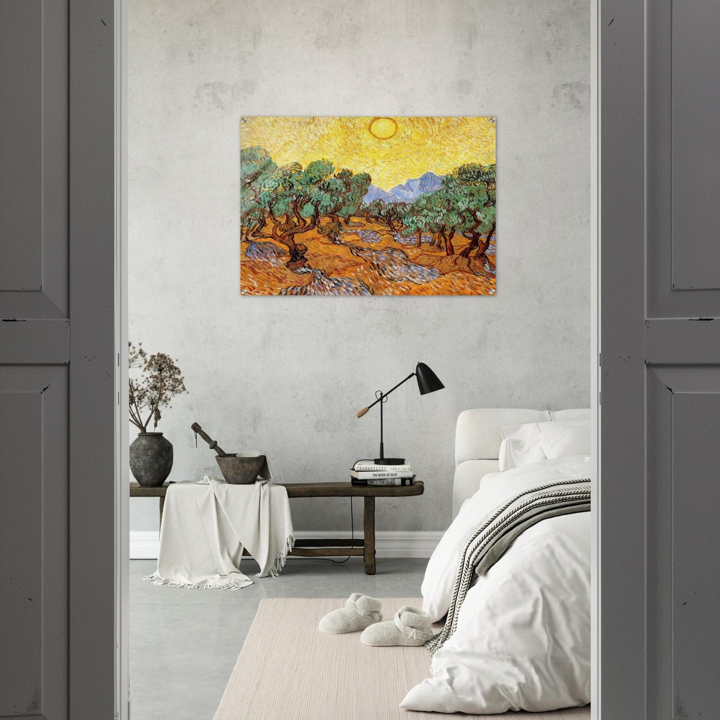 Olive Trees with Yellow Sky and Sun - Vincent van Gogh Acrylic Print - 70x100 cm / 28x40″ inches