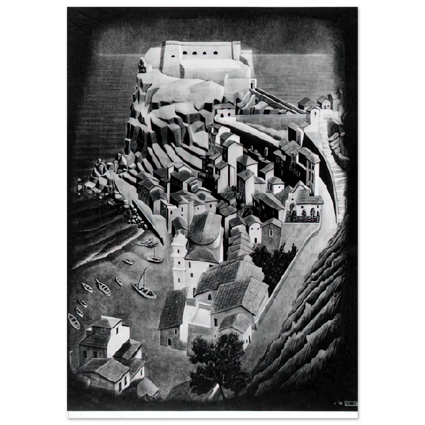 MC Escher - SCILLA CALABRIA JANUARY 1931 1931 Wall Art - 21x29.7 cm / 8x12" - Premium Wooden Framed Poster With Fine Art Paper - Wood frame