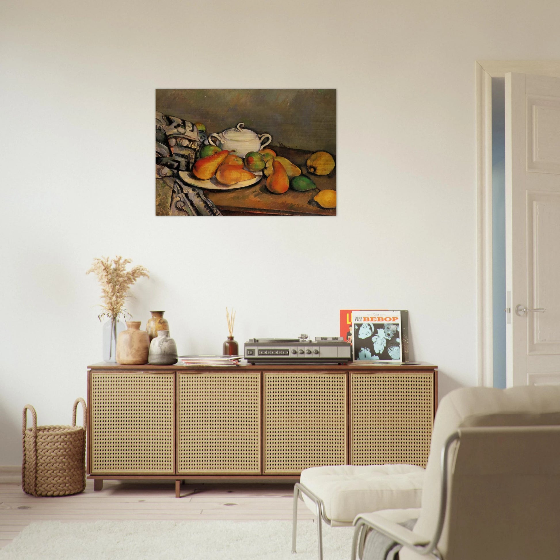 Sugarbowl, Pears and Tablecloth - Paul Cézanne Brushed Aluminum Print - 70x100 cm / 28x40 inches | Paul Cézanne Aluminum Print | Paul Cézanne Prints