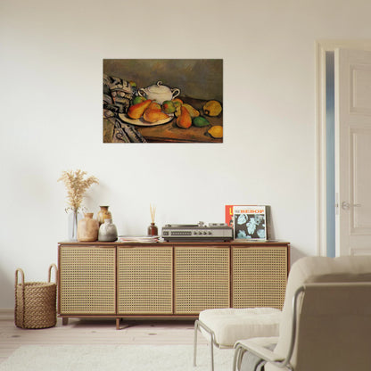 Sugarbowl, Pears and Tablecloth - Paul Cézanne Brushed Aluminum Print - 70x100 cm / 28x40 inches | Paul Cézanne Aluminum Print | Paul Cézanne Prints