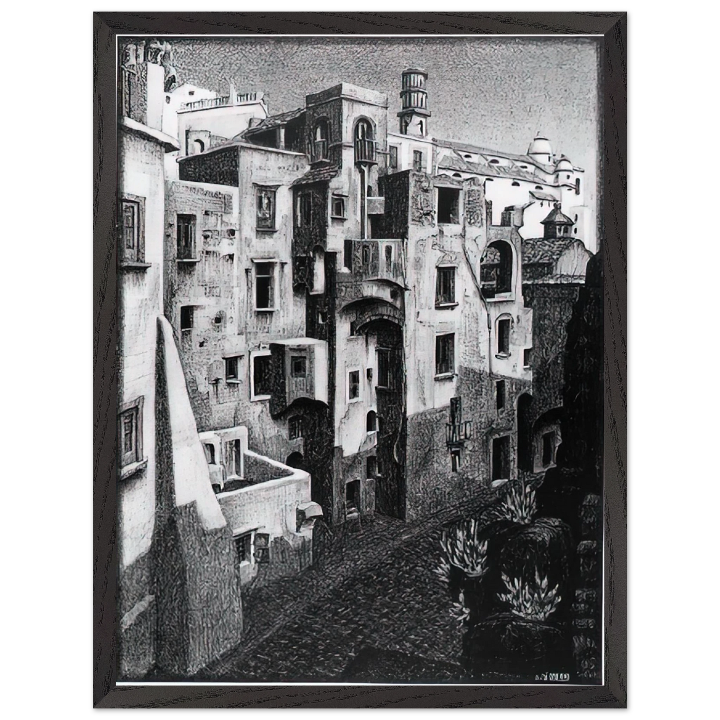 MC Escher - DILAPIDATED HOUSES IN ATRANI 1931 Wall Art - 30x40 cm / 12x16 inches - Premium Wooden Framed Poster With Fine Art Paper - Wood frame