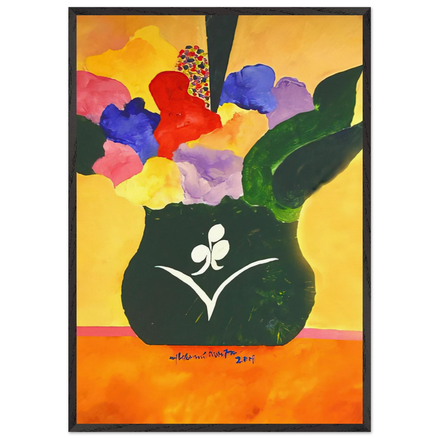 Green Vase With Flowers and Fruit - 2001 - Aldemir Martins Framed Art Print – Black Wooden Frame - Default Title - -Framed Art Print