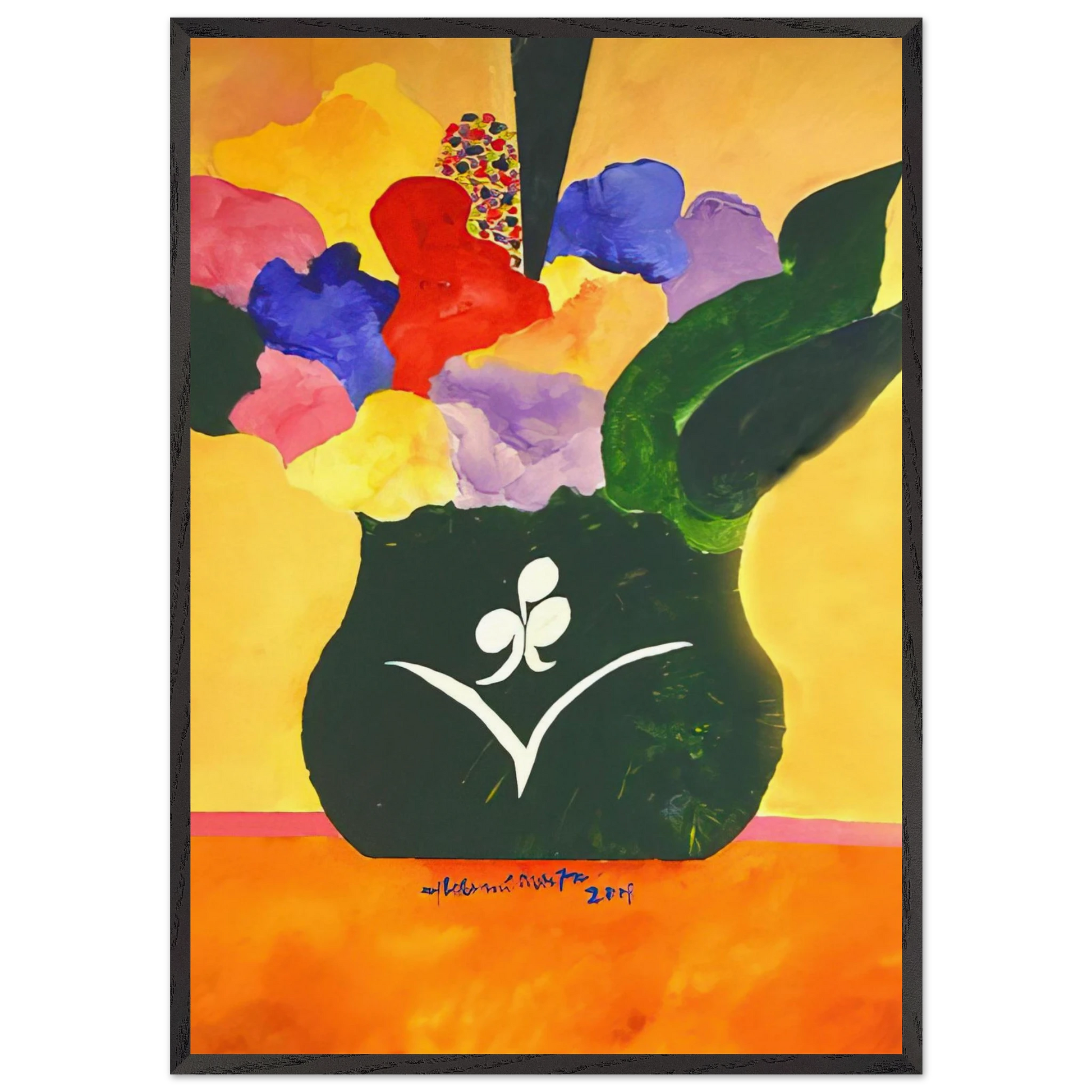 Green Vase With Flowers and Fruit - 2001 - Aldemir Martins Framed Art Print – Black Wooden Frame - Default Title - -Framed Art Print