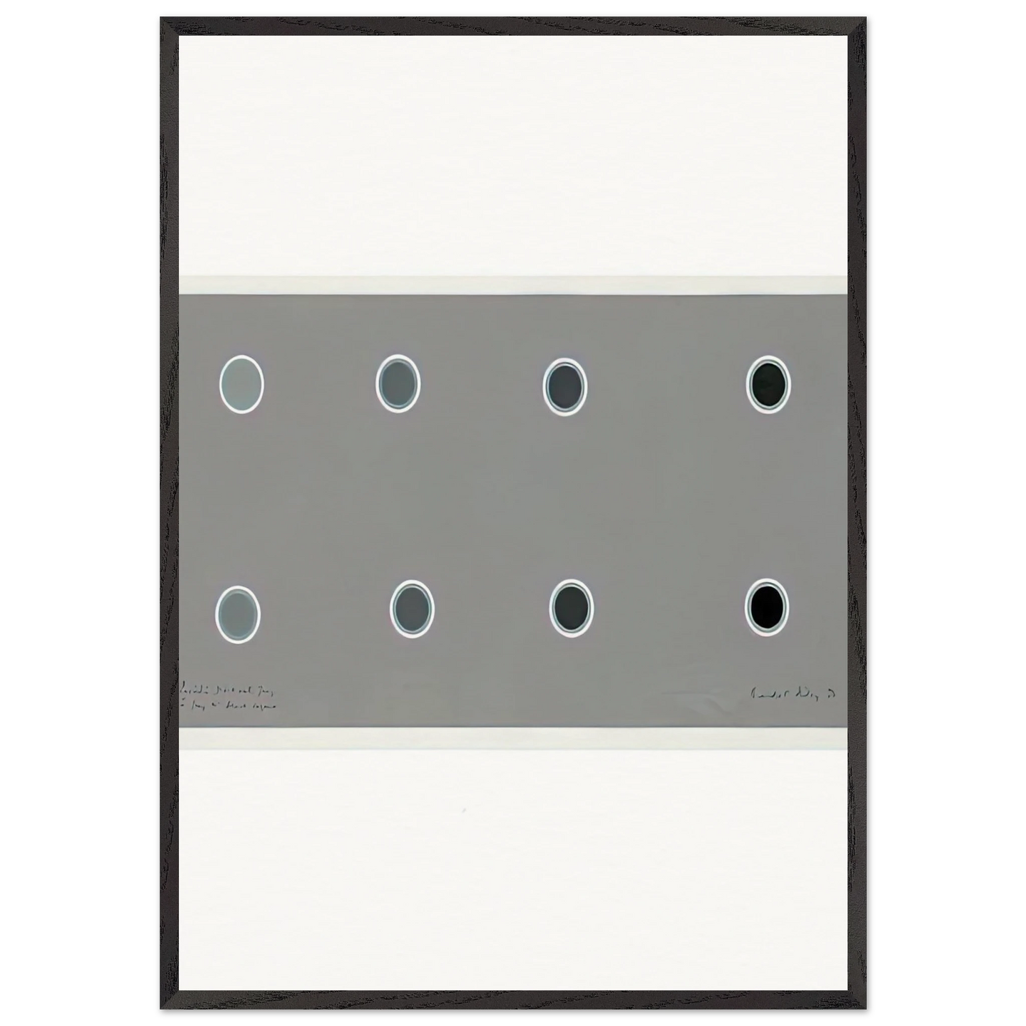 ENCIRCLING DISCS WITH GREY IN GREY TO BLACK SEQUENCE 1970 - Bridget Riley Framed Art Print – Black Wooden Frame - Default Title - -Framed Art Print