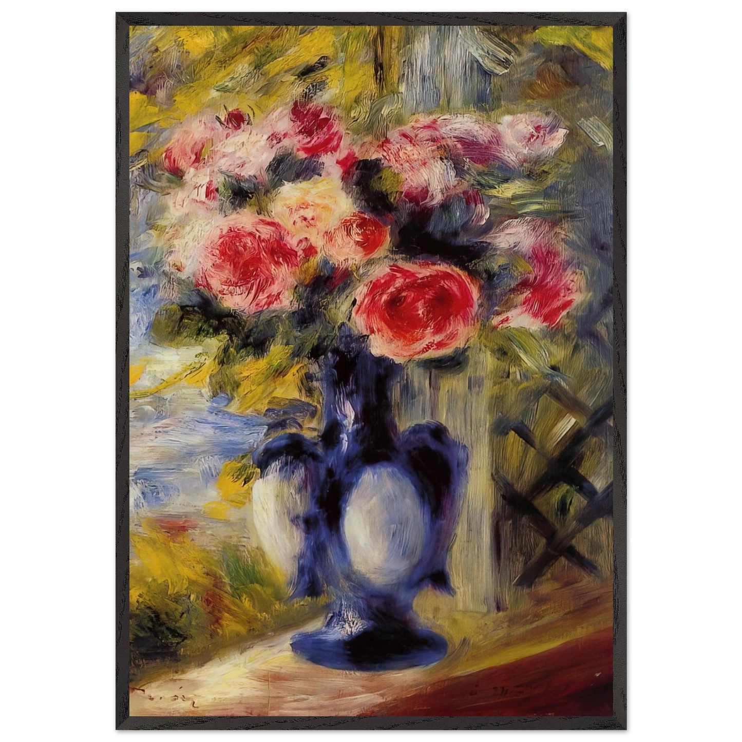 Bouquet of Roses in a Blue Vase - Pierre-Auguste Renoir Framed Art Print – Black Wooden Frame - Default Title - -Framed Art Print