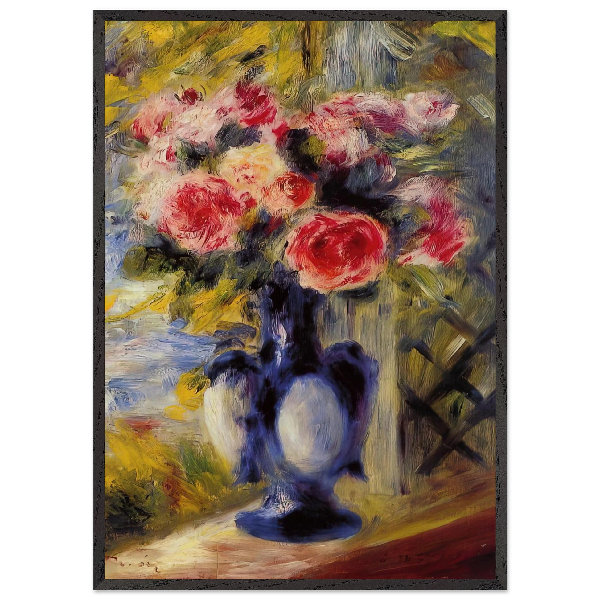 Bouquet of Roses in a Blue Vase - Pierre-Auguste Renoir Framed Art Print – Black Wooden Frame - Default Title - -Framed Art Print