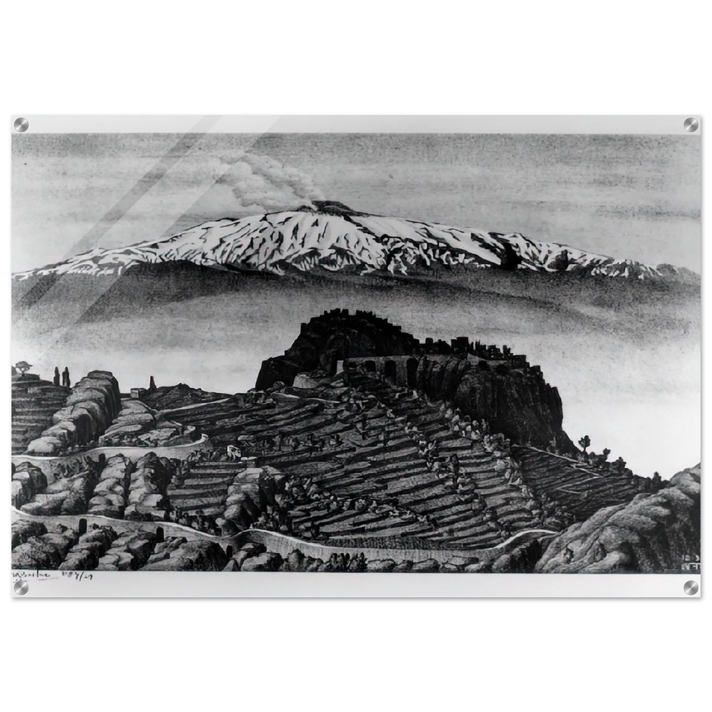 CASTEL MOLA AND MOUNT ETNA SICILY DECEMBER 1932 1932 - MC Escher Acrylic Print - 70x100 cm / 28x40″ inches | MC Escher Wall Art | MC Escher Prints