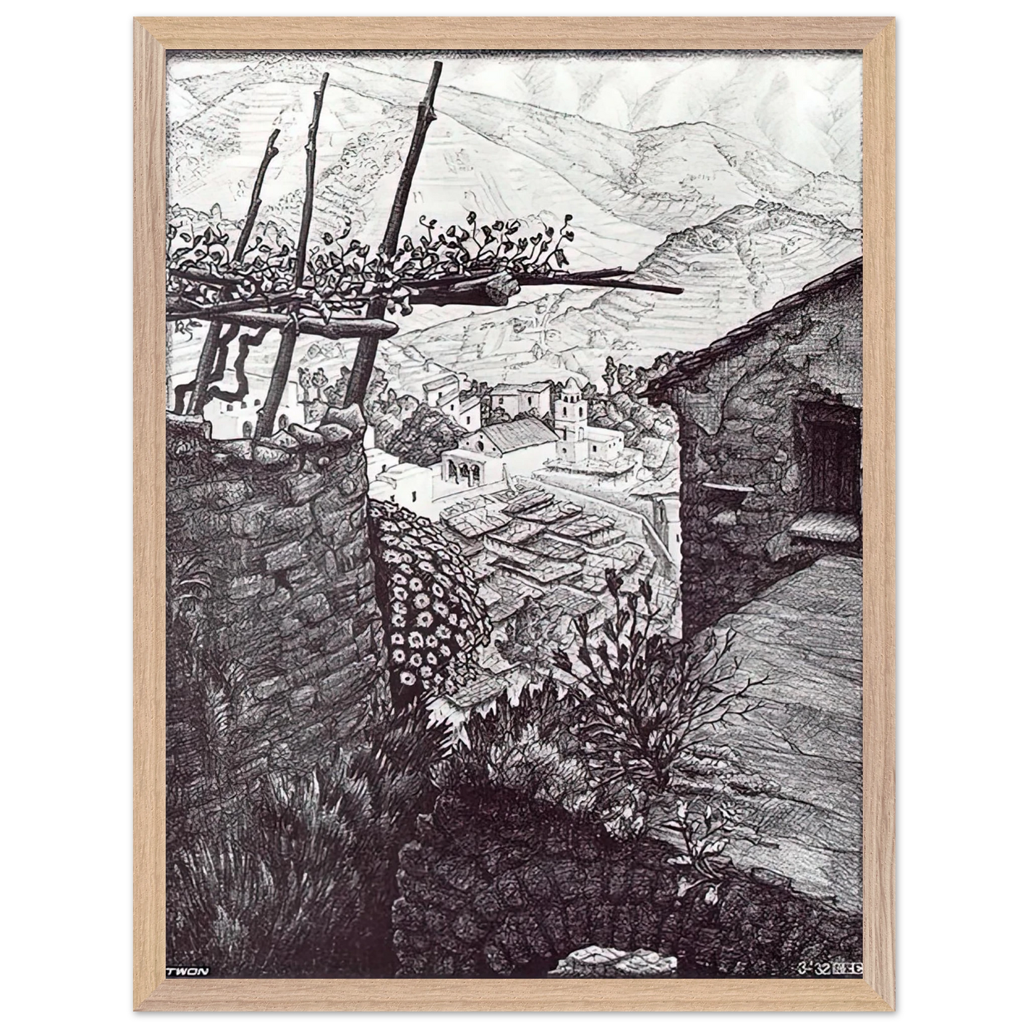 MC Escher - THE HAMLET OF TURELLO SOUTHERN ITALY Wall Art - 21x29.7 cm / 8x12" - Premium Wooden Framed Poster With Fine Art Paper - Wood frame