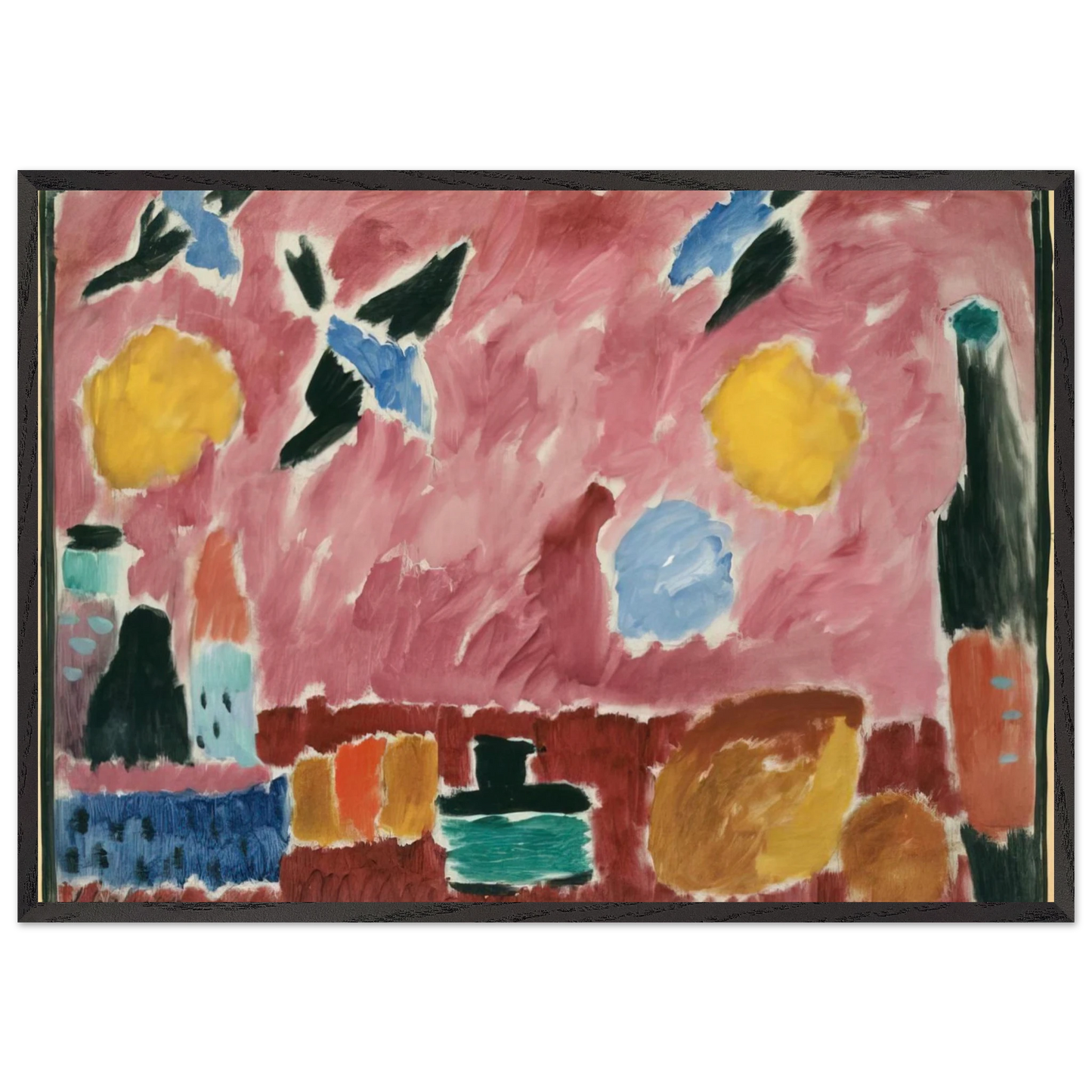 STILL LIFE WITH BOTTLE BREAD AND RED WALLPAPER WITH SWALLOWS 1915 - Alexej von Jawlensky Framed Art Print – Black Wooden Frame - Default Title - -Framed Art Print