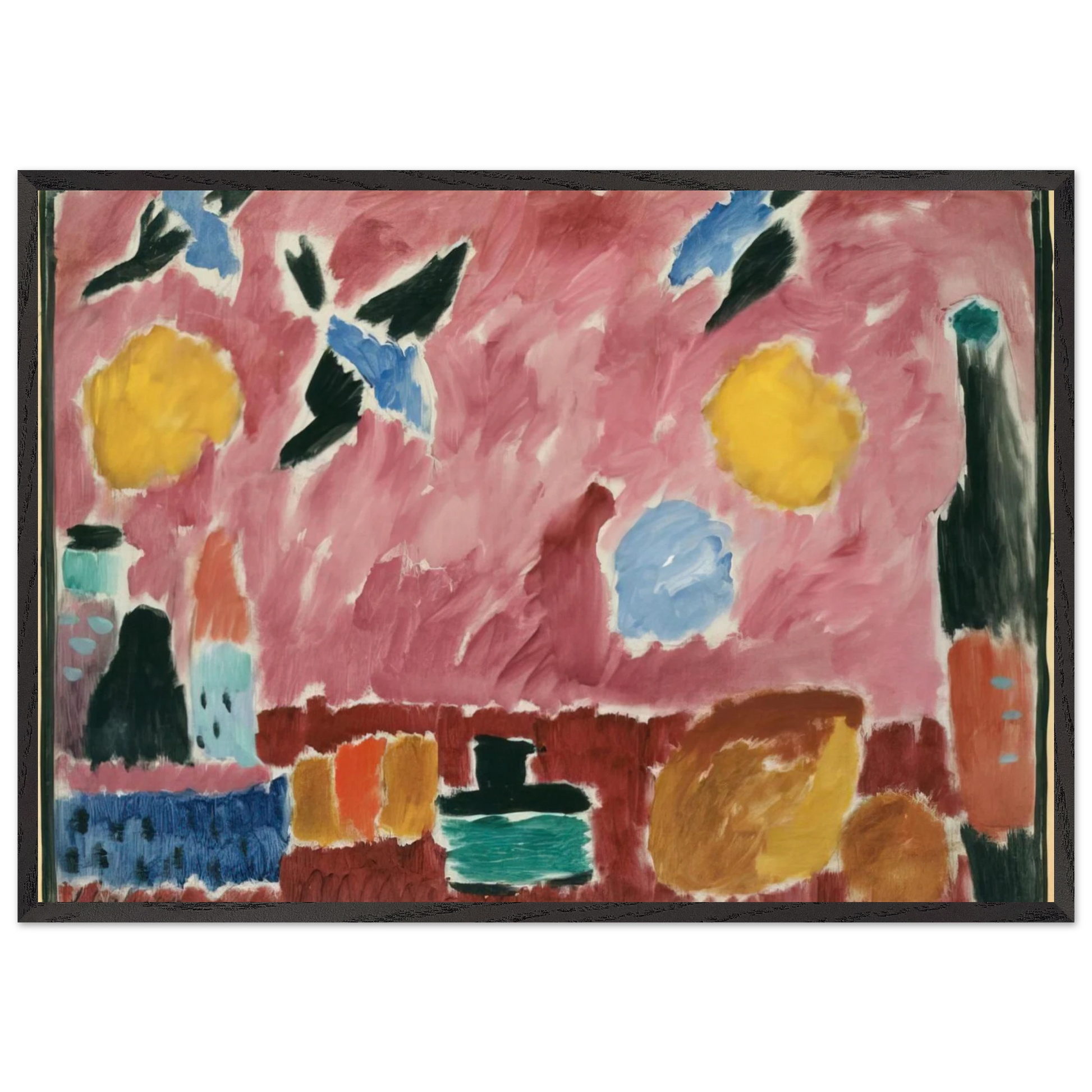 STILL LIFE WITH BOTTLE BREAD AND RED WALLPAPER WITH SWALLOWS 1915 - Alexej von Jawlensky Framed Art Print – Black Wooden Frame - Default Title - -Framed Art Print