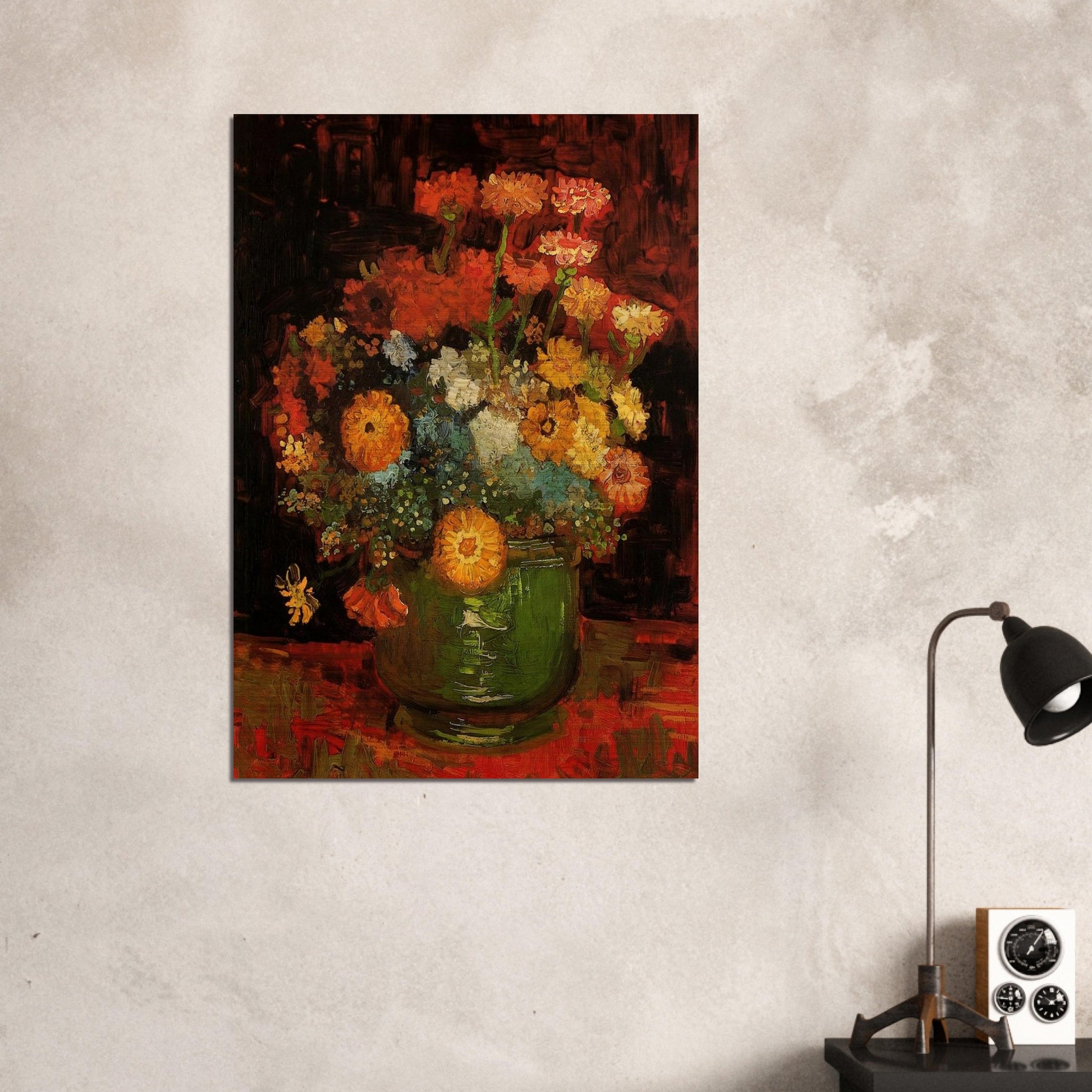 Vase with Zinnias - Vincent van Gogh Brushed Aluminum Print - 70x100 cm / 28x40 inches | Vincent van Gogh Aluminum Print | Vincent van Gogh Prints