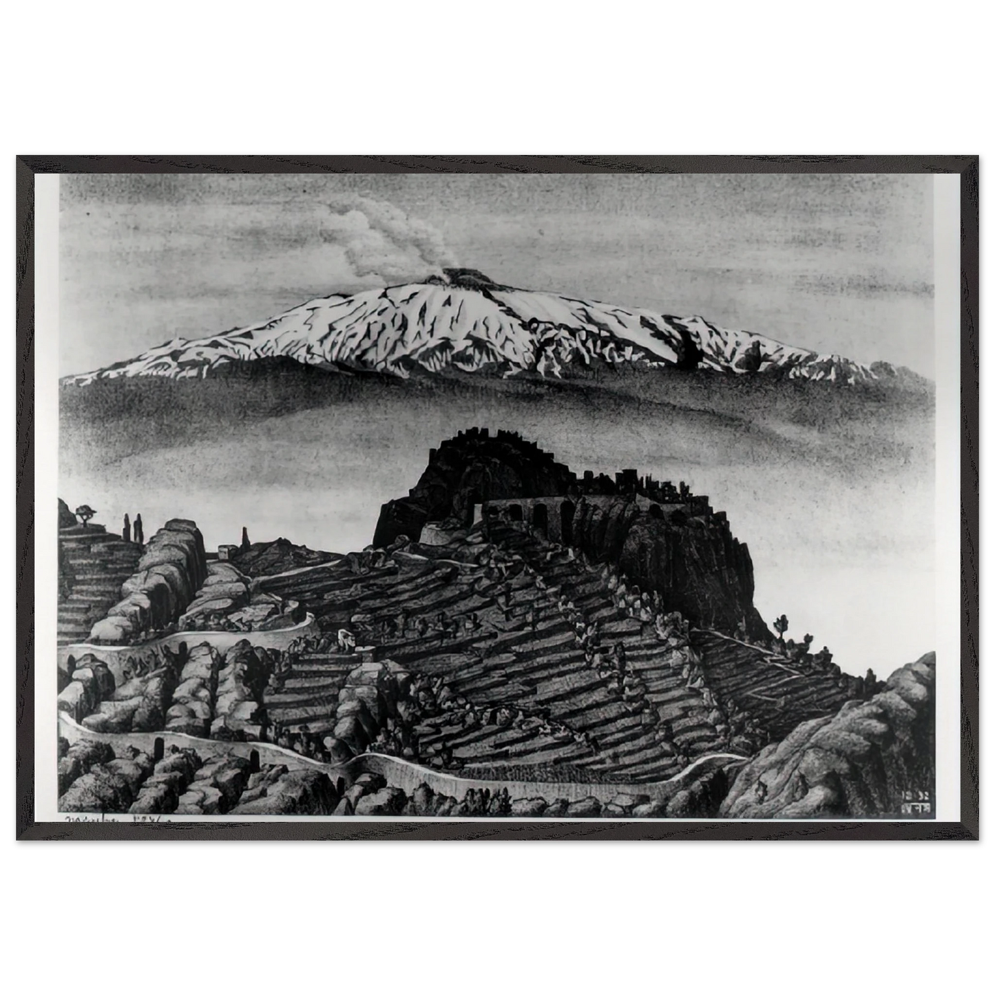 CASTEL MOLA AND MOUNT ETNA SICILY DECEMBER 1932 1932 - MC Escher Framed Art Print – Black Wooden Frame - Default Title - -Framed Art Print