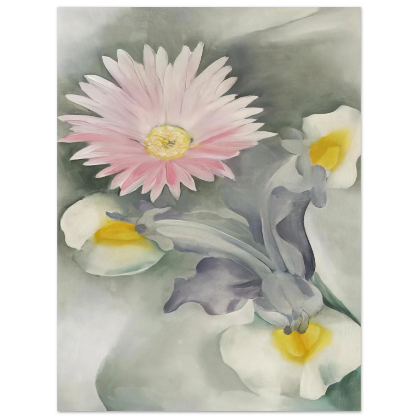 Georgia O'Keeffe - Pink Daisy with Iris Fine Art Poster - 13x18 cm / 5x7 inches
