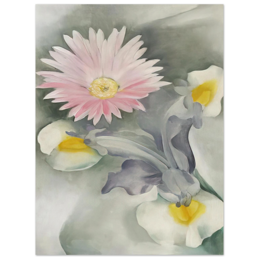 Georgia O'Keeffe - Pink Daisy with Iris Fine Art Poster - 13x18 cm / 5x7 inches