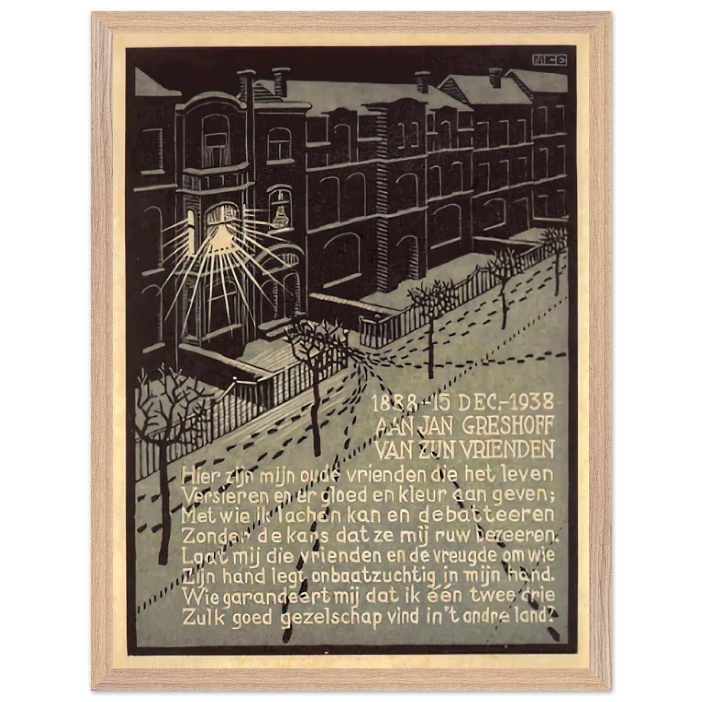 MC Escher - BIRTHDAY CARD FOR G GERSHOFF NOVEMBER 1938 1938 Wall Art - 30x40 cm / 12x16 inches - Premium Wooden Framed Poster With Fine Art Paper - Wood frame