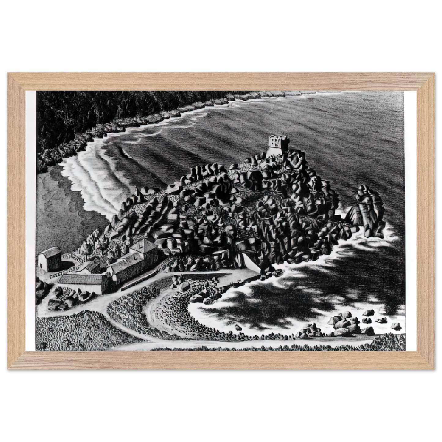 MC Escher - GULF OF PORTO CORSICA DECEMBER 1933 1933 Wall Art - 21x29.7 cm / 8x12" - Premium Wooden Framed Poster With Fine Art Paper - White frame