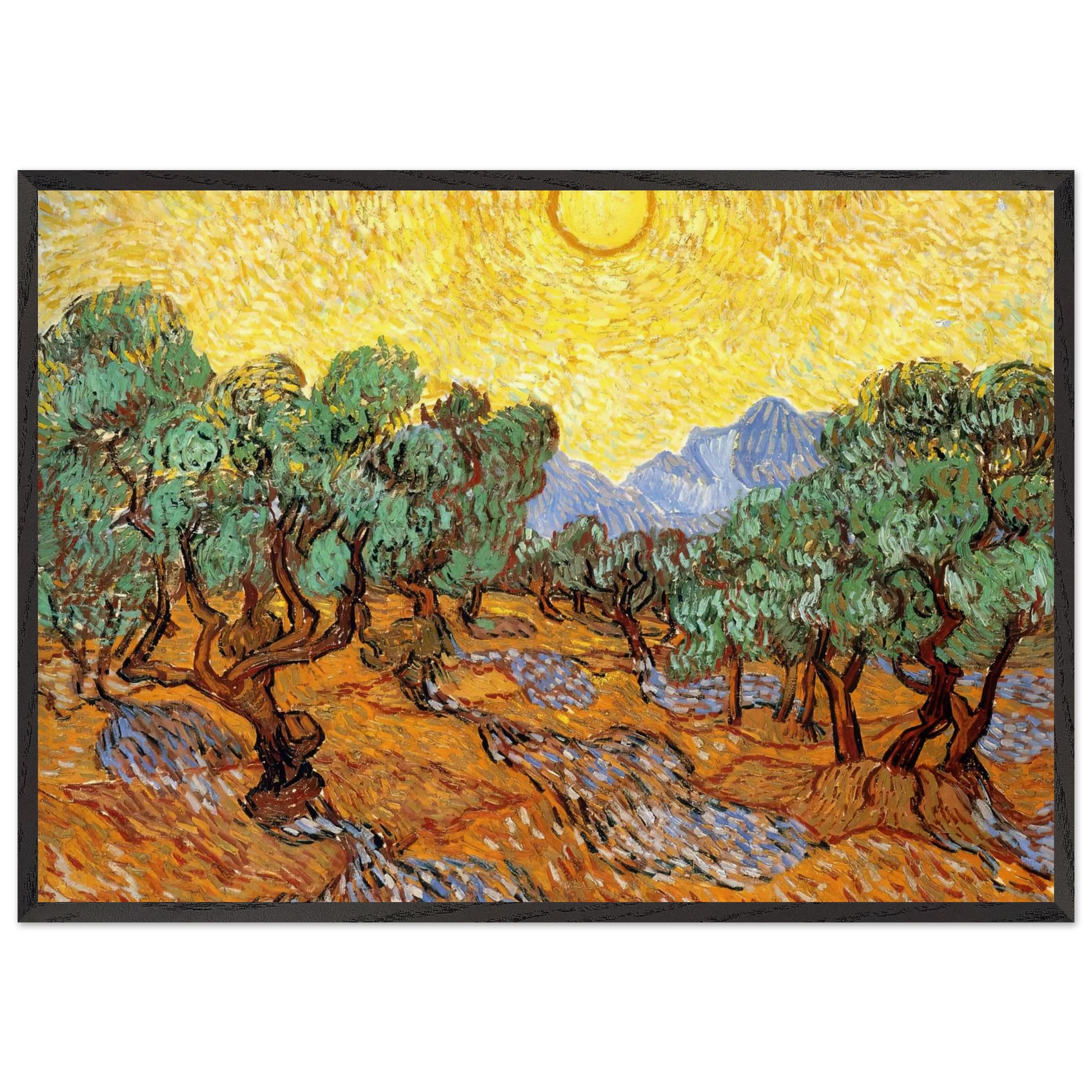 Olive Trees with Yellow Sky and Sun - Vincent van Gogh Framed Art Print – Black Wooden Frame - Default Title - -Framed Art Print