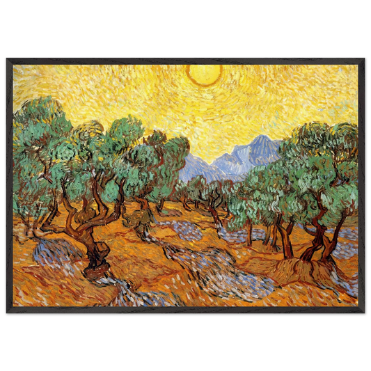 Olive Trees with Yellow Sky and Sun - Vincent van Gogh 70x100 cm / 28x40 inches Framed Art Print – Black Wooden Frame