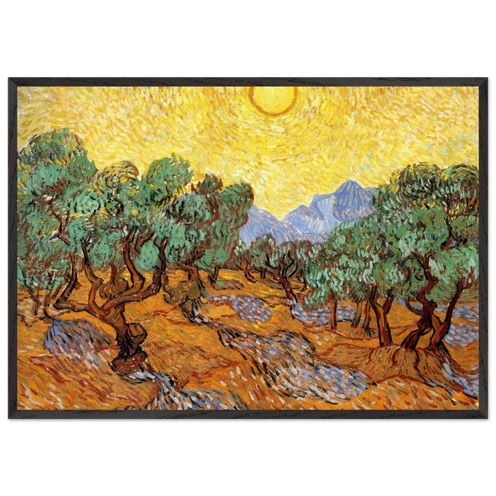Olive Trees with Yellow Sky and Sun - Vincent van Gogh 70x100 cm / 28x40 inches Framed Art Print – Black Wooden Frame