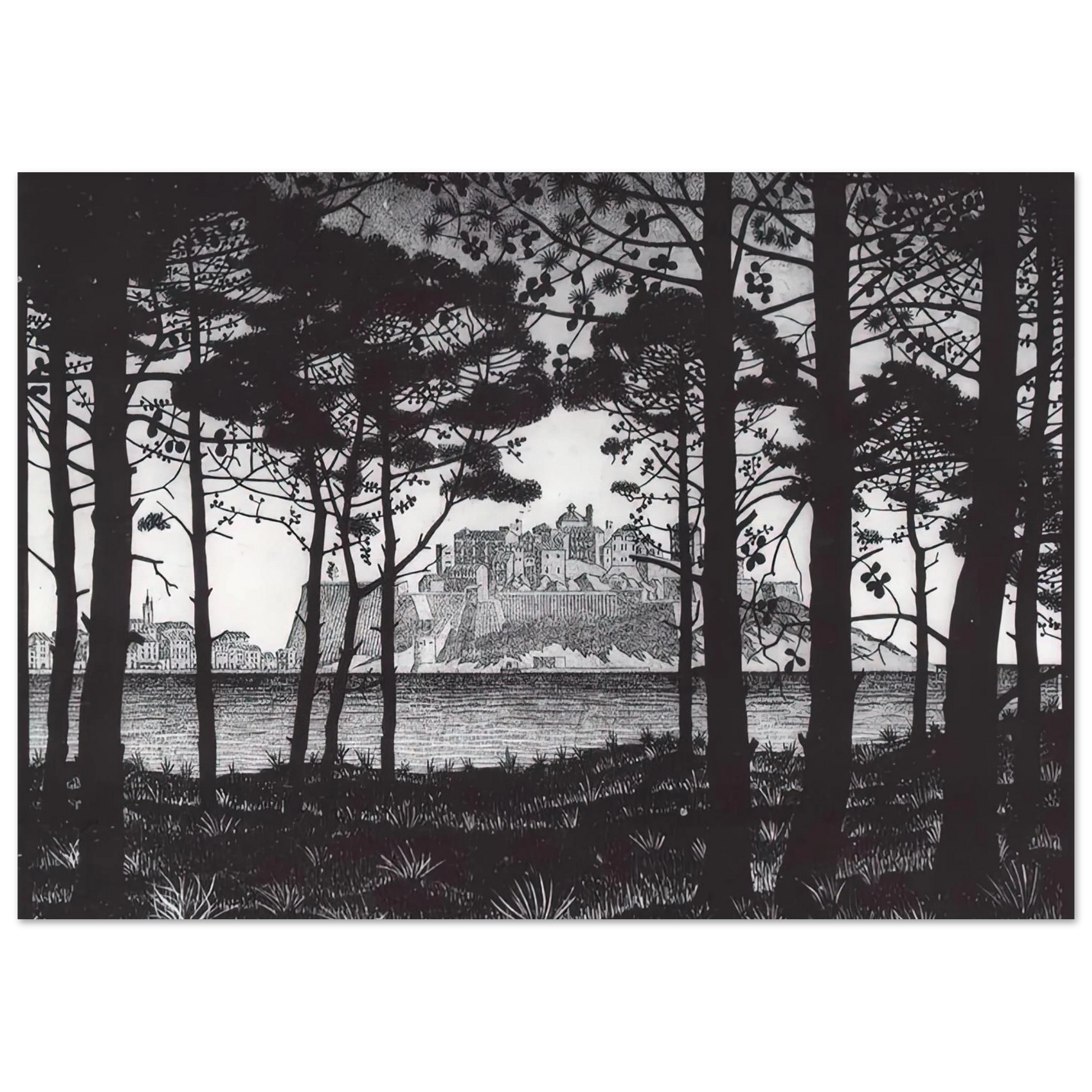 MC Escher - PINETA OF CALVI CORSICA Wall Art - 30x40 cm / 12x16 inches - Premium Wooden Framed Poster With Fine Art Paper - White frame