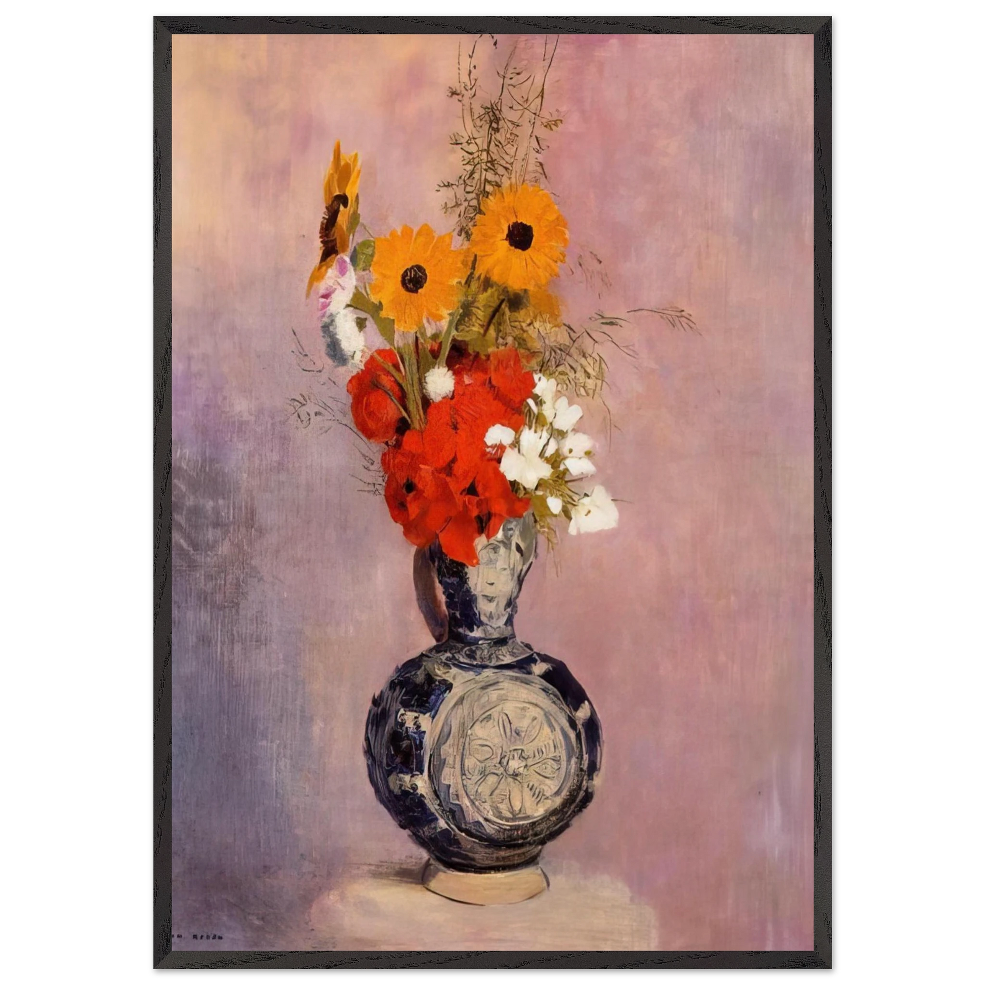 BOUQUET OF FLOWERS IN A BLUE VASE 2 - Odilon Redon Framed Art Print – Black Wooden Frame - Default Title - -Framed Art Print