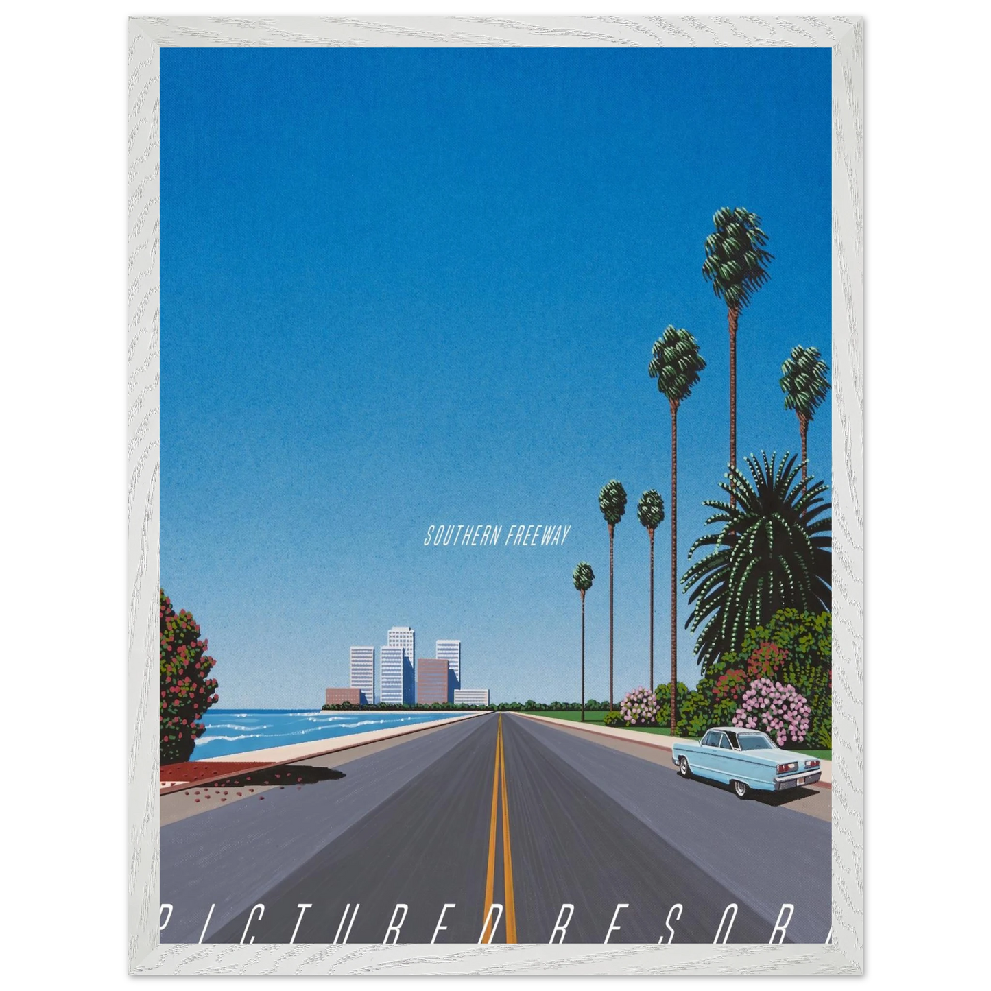 Hiroshi Nagai - Southern Freeway Pictured Resort Wall Art - 21x29.7 cm / 8x12" - Premium Wooden Framed Poster With Fine Art Paper - Wood frame