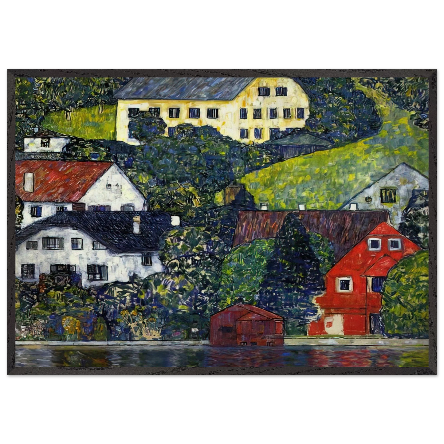 HOUSES AT UNTERACH ON THE ATTERSEE - Gustav Klimt Framed Art Print – Black Wooden Frame - Default Title - -Framed Art Print