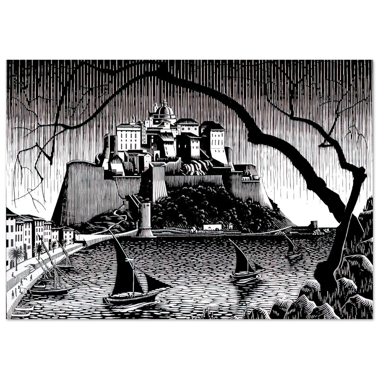 MC Escher - CITADEL OF CALVI CORSICA Wall Art - 21x29.7 cm / 8x12" - Premium Wooden Framed Poster With Fine Art Paper - Wood frame