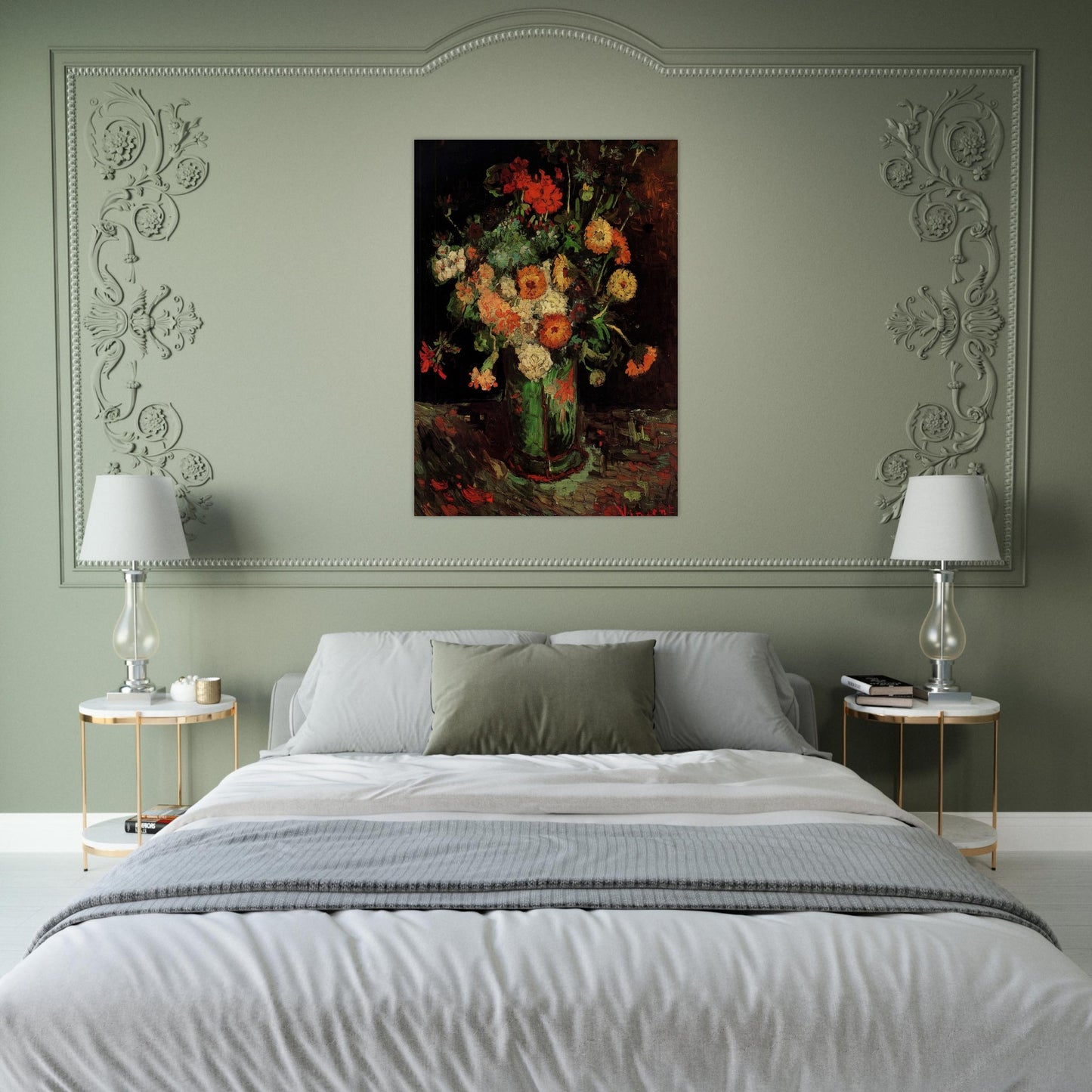 Vase with Zinnias and Geraniums - Vincent van Gogh Brushed Aluminum Print - 70x100 cm / 28x40 inches | Vincent van Gogh Aluminum Print | Vincent van Gogh Prints