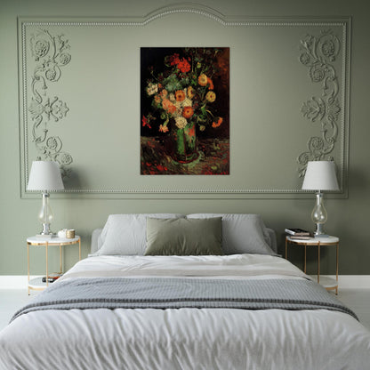 Vase with Zinnias and Geraniums - Vincent van Gogh Brushed Aluminum Print - 70x100 cm / 28x40 inches | Vincent van Gogh Aluminum Print | Vincent van Gogh Prints