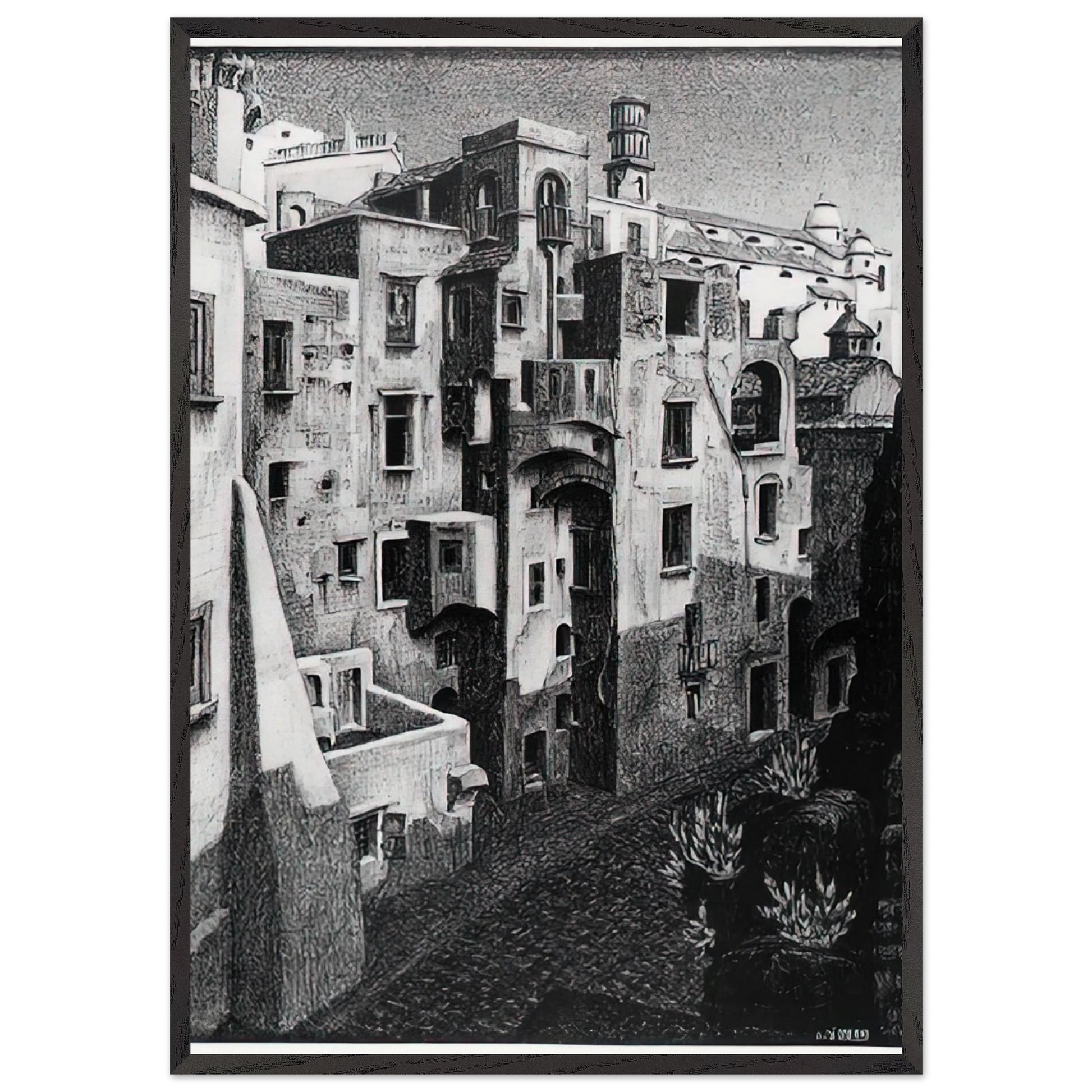 DILAPIDATED HOUSES IN ATRANI 1931 - MC Escher Framed Art Print – Black Wooden Frame - Default Title - -Framed Art Print