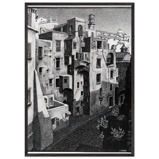 DILAPIDATED HOUSES IN ATRANI 1931 - MC Escher Framed Art Print – Black Wooden Frame - Default Title - -Framed Art Print