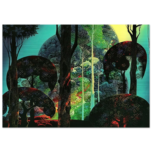 Fired by Sun - Eyvind Earle Brushed Aluminum Print - 70x100 cm / 28x40 inches | Eyvind Earle Aluminum Print | Eyvind Earle Prints