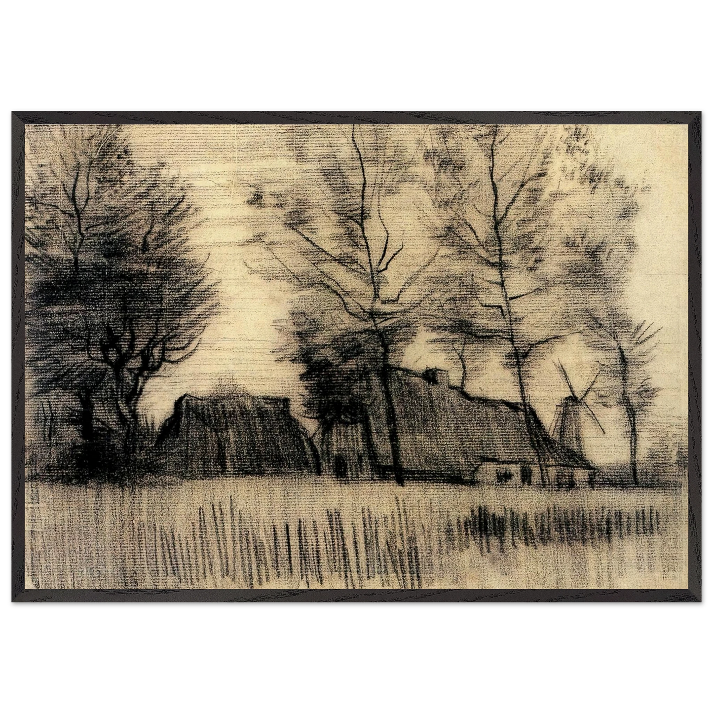 Landscape with Cottages and a Mill - Vincent van Gogh Framed Art Print – Black Wooden Frame - Default Title - -Framed Art Print