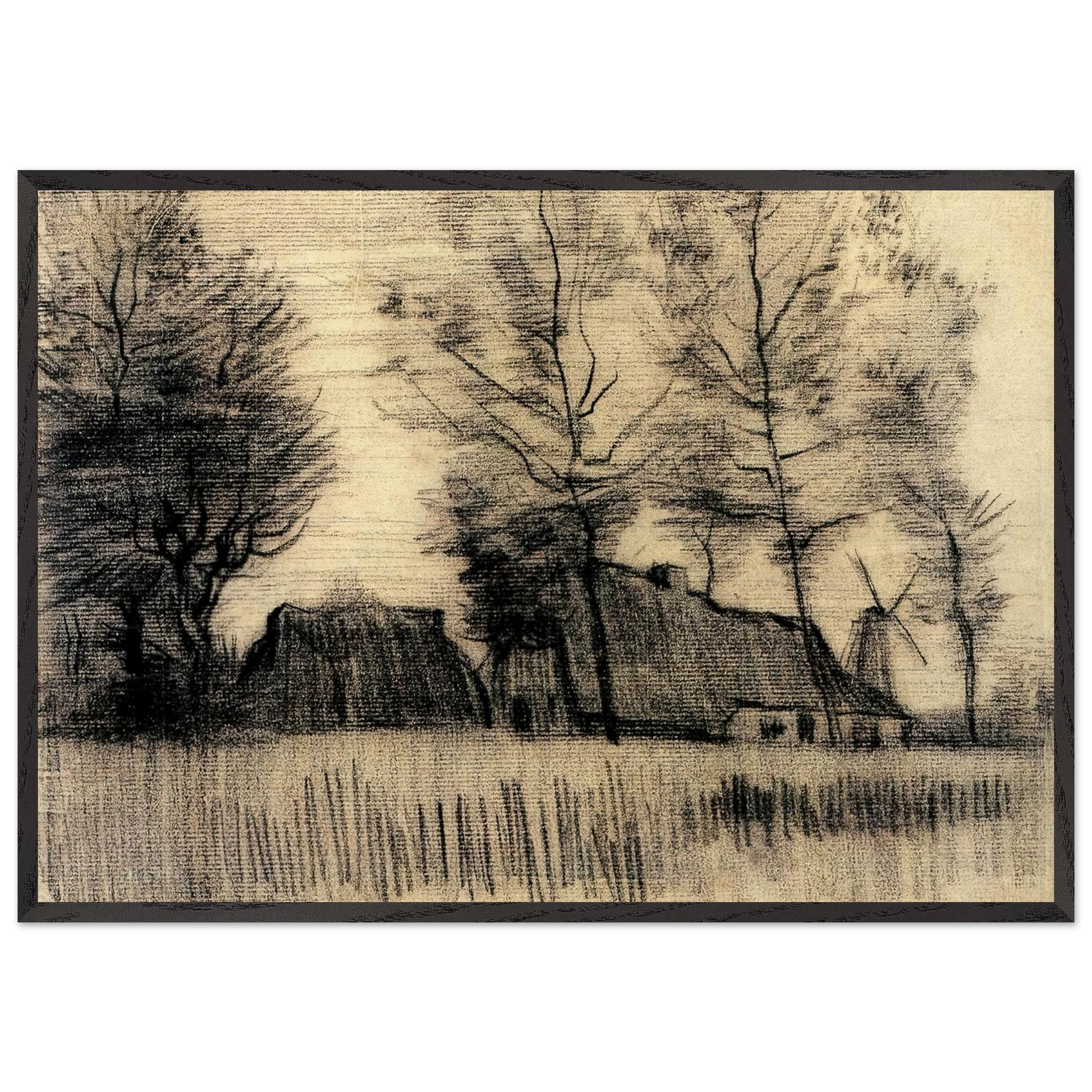 Landscape with Cottages and a Mill - Vincent van Gogh Framed Art Print – Black Wooden Frame - Default Title - -Framed Art Print