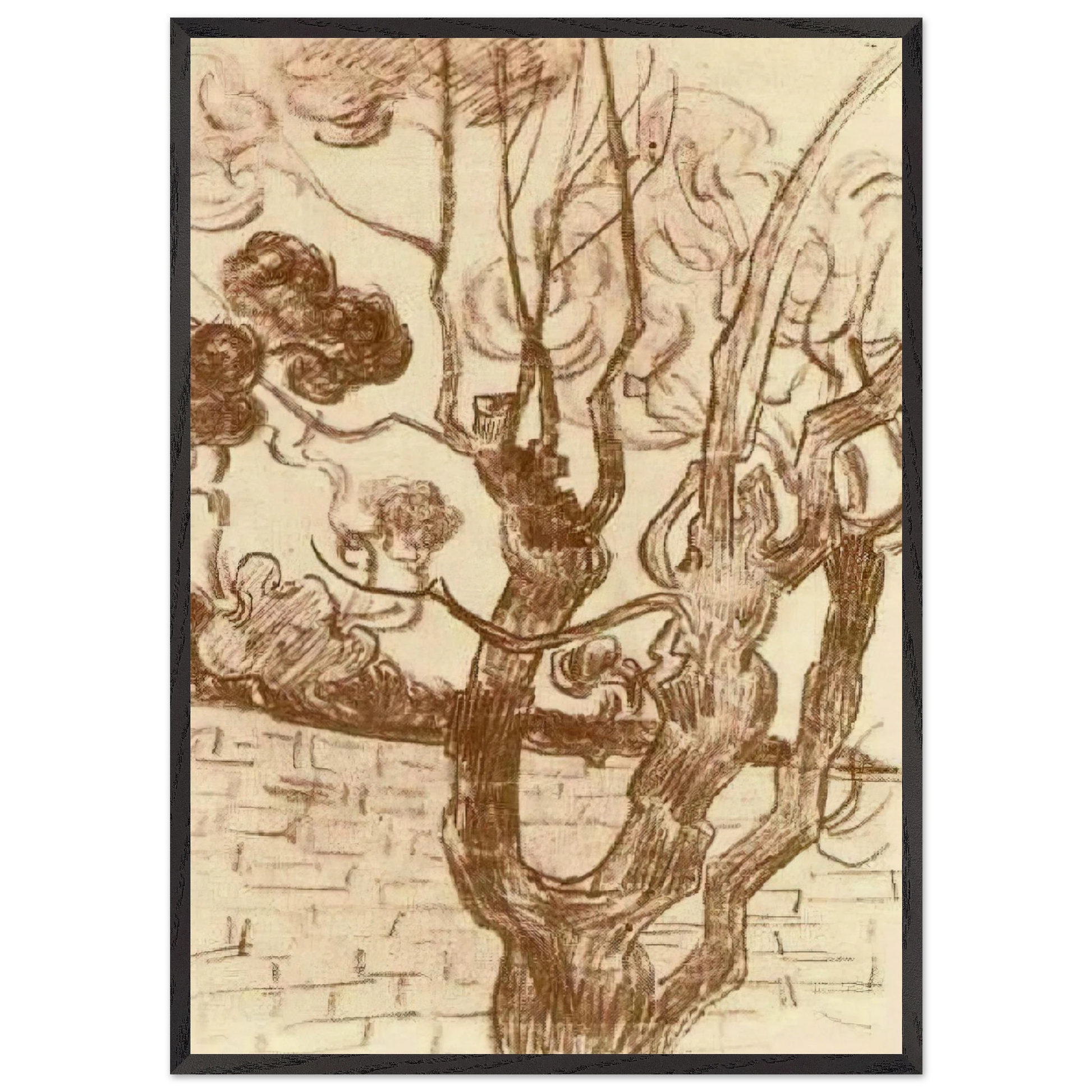 Treetop Seen against the Wall of the Asylum - Vincent van Gogh Framed Art Print – Black Wooden Frame - Default Title - -Framed Art Print