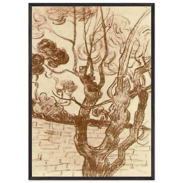 Treetop Seen against the Wall of the Asylum - Vincent van Gogh 70x100 cm / 28x40 inches Framed Art Print – Black Wooden Frame
