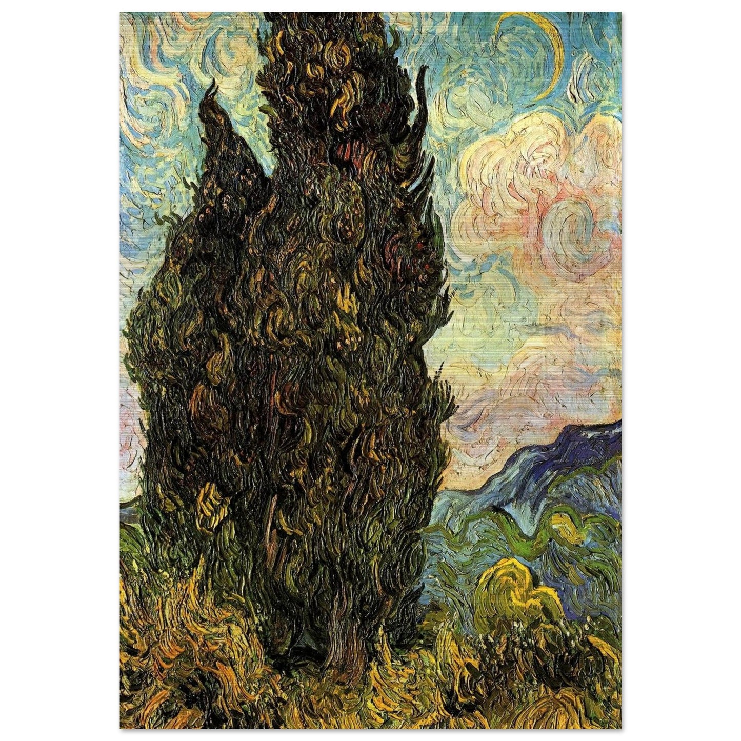 Two Cypresses - Vincent van Gogh Brushed Aluminum Print - 70x100 cm / 28x40 inches | Vincent van Gogh Aluminum Print | Vincent van Gogh Prints