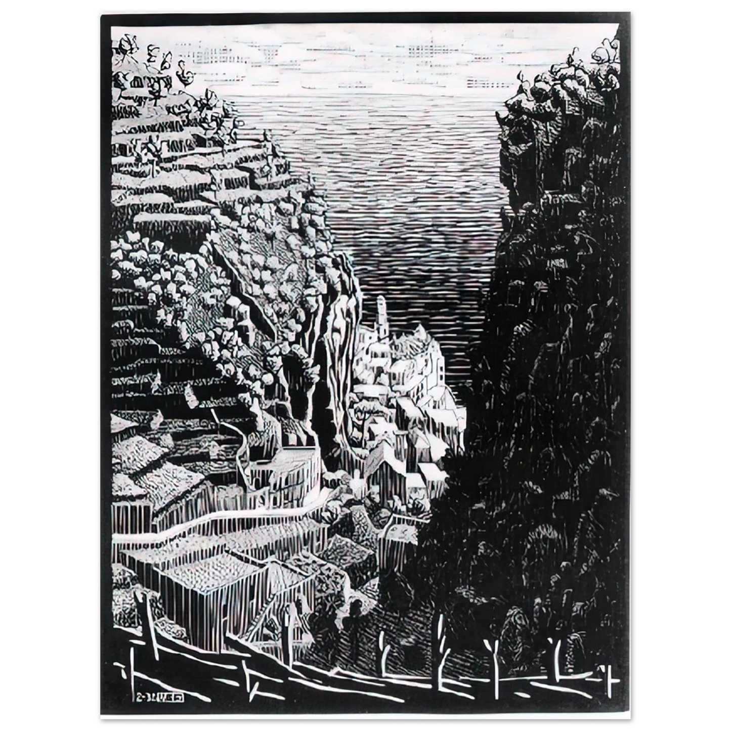 MC Escher - ATRANI COAST OF AMALFI 1 Wall Art - 21x29.7 cm / 8x12" - Premium Wooden Framed Poster With Fine Art Paper - Wood frame