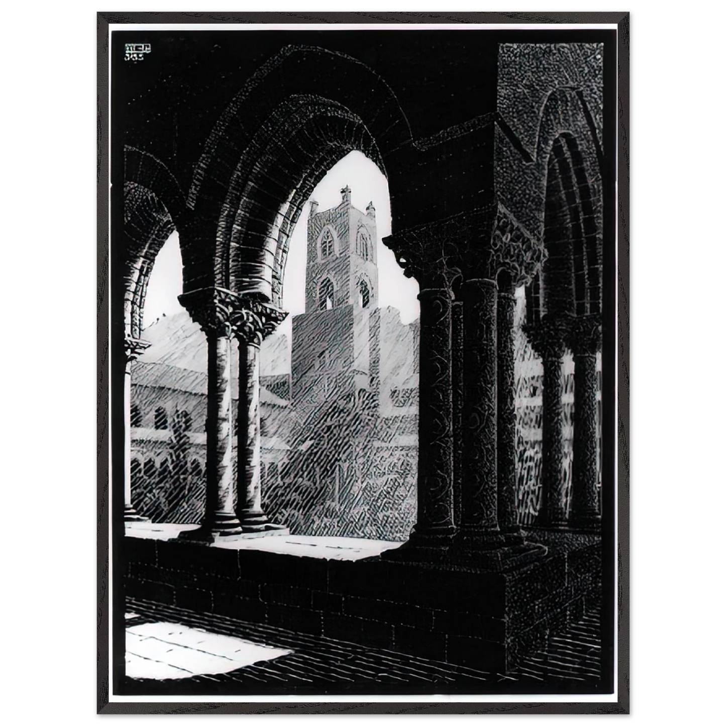 MC Escher - CLOISTER OF MONREALE SICILY Wall Art - 60x80 cm / 24x32 inches - Premium Wooden Framed Poster With Fine Art Paper - Black frame