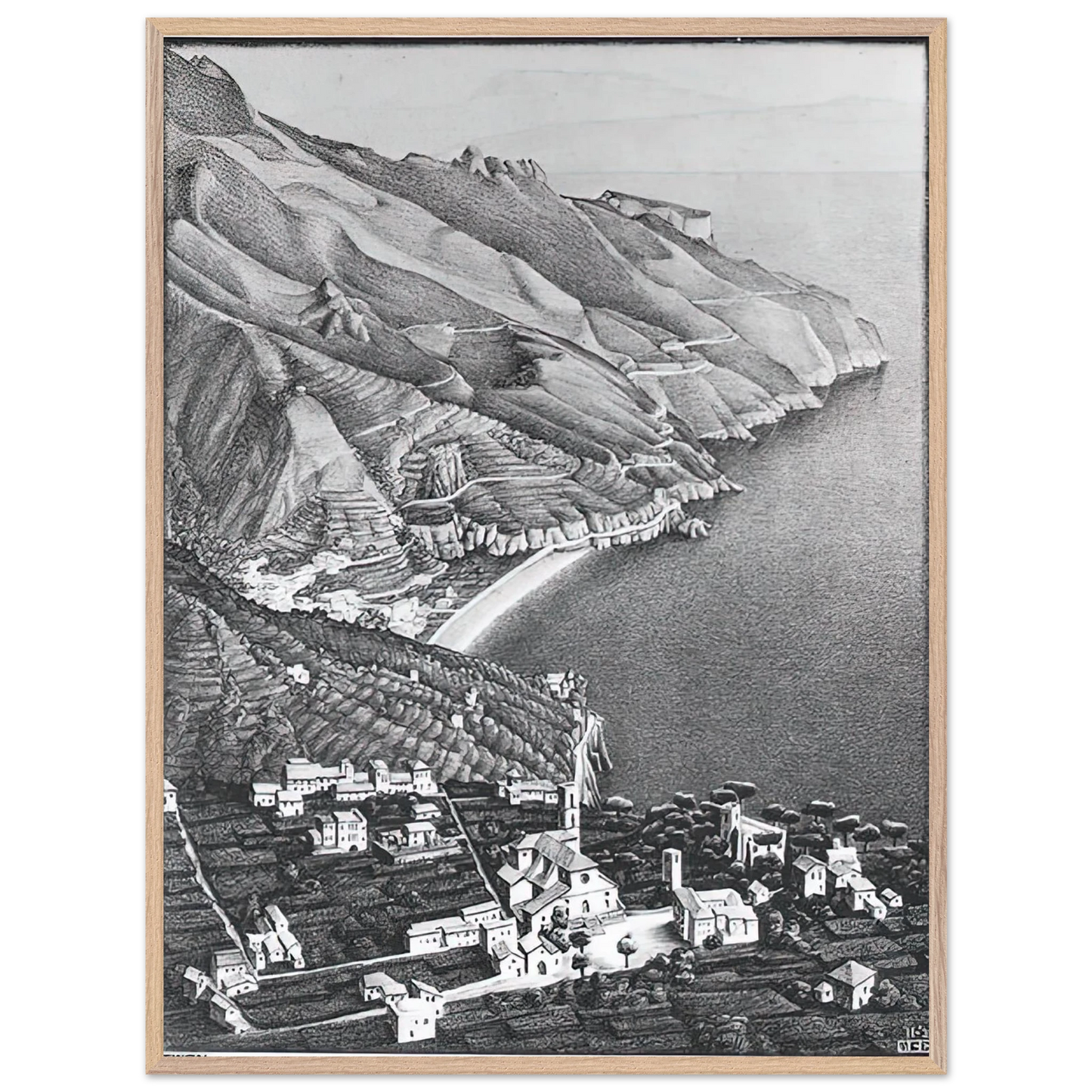 MC Escher - RAVELLO AND THE COAST OF AMALFI Wall Art - 60x80 cm / 24x32 inches - Premium Wooden Framed Poster With Fine Art Paper - Wood frame