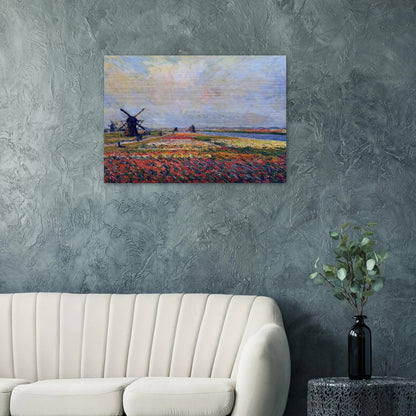 Fields of Flowers and Windmills near Leiden - claude monet Brushed Aluminum Print - 70x100 cm / 28x40 inches | claude monet Aluminum Print | claude monet Prints