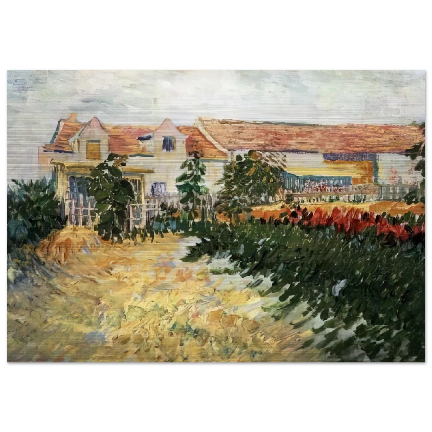 House with sunflowers - Vincent van Gogh Brushed Aluminum Print - 70x100 cm / 28x40 inches | Vincent van Gogh Aluminum Print | Vincent van Gogh Prints