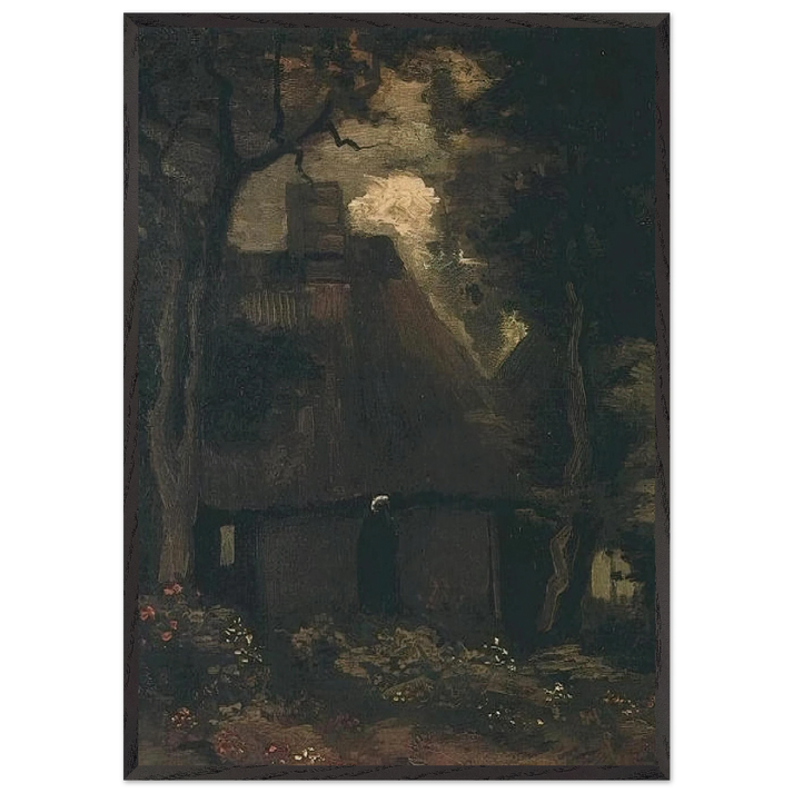 Cottage with Trees and Peasant Woman - Vincent van Gogh 70x100 cm / 28x40 inches Framed Art Print – Black Wooden Frame