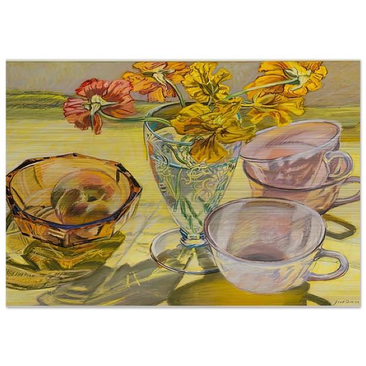 NASTURTIUMS AND PINK CUPS 1981 - Janet Fish Brushed Aluminum Print - 70x100 cm / 28x40 inches | Janet Fish Aluminum Print | Janet Fish Prints