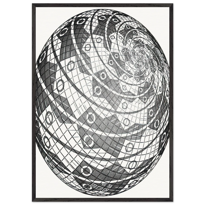 SPHERE SURFACE WITH FISHES - MC Escher 70x100 cm / 28x40 inches Framed Art Print – Black Wooden Frame | Maurits Cornelis Escher Prints