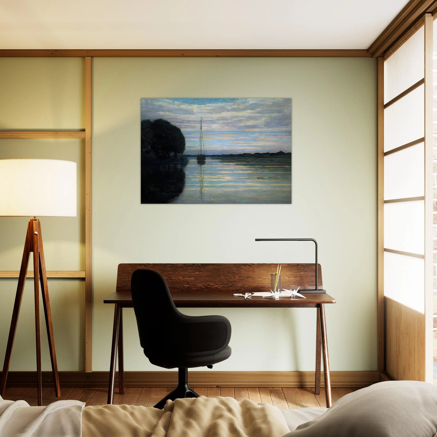 River view with a boat Sun - Piet Mondrian Brushed Aluminum Print - 70x100 cm / 28x40 inches | Piet Mondrian Aluminum Print | Piet Mondrian Prints